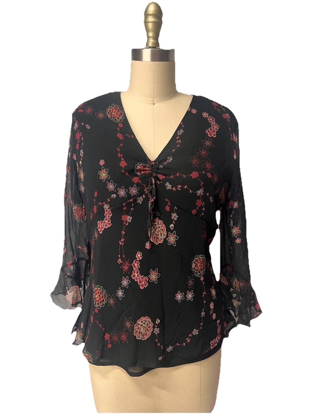 Vtg Black Floral Silk Top 90s Y2K Dress Barn Fairy Whimsigoth Babydoll SZ L